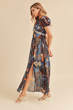 Lace Detail Slit Geometric Print Short Sleeve Comfortable Maxi Dress For Women, Elegant Lace, Alluring Slit, Sophisticated Geometric Print for Casual & Dressy Occasions