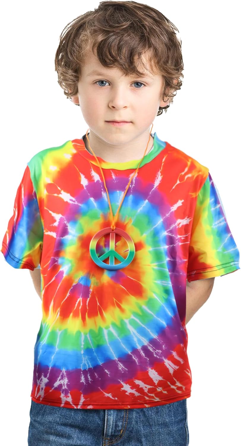 70s Outfits Boys 4Pcs Hippie Costume Accessories Kids Colorful Dye tshirt for Theme Party 60s 70s for 4-12 years - SJB-DIAMOND ELITES