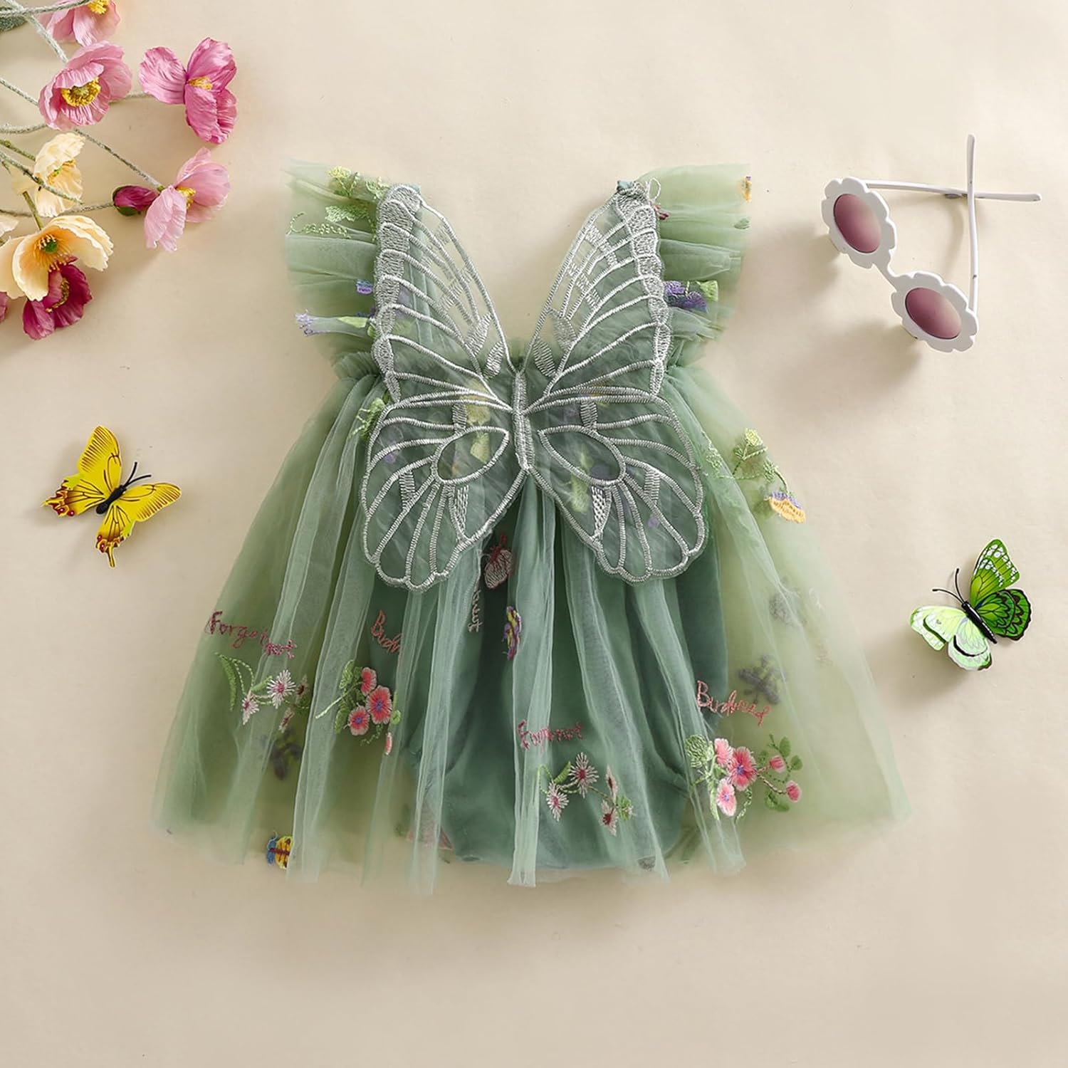 Baby Girl Halloween Costume Butterfly Wing Mesh Flower Sleeveless Tulle Fairy Romper Dress Birthday Tutu Dress - SJB-DIAMOND ELITES