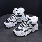 Fashion Black White Lace-up Sneakers Winter Warm All-match Plush Shoes Women Plus Velvet Fleece Flat High-top Sports Shoes Pi-Mart