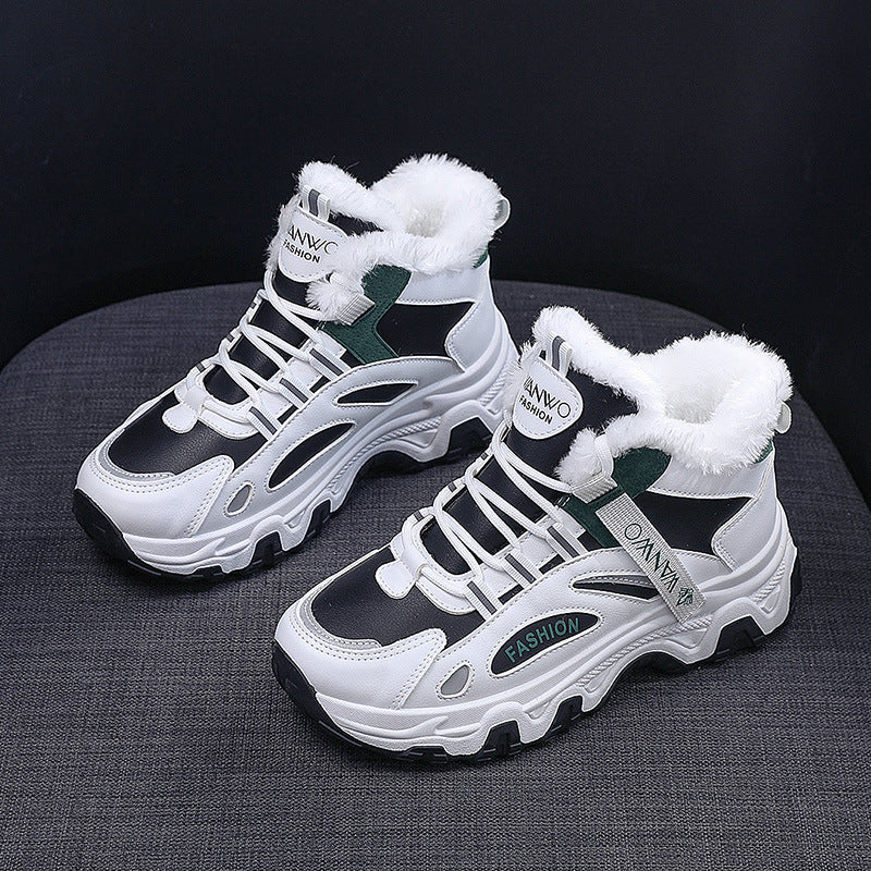Fashion Black White Lace-up Sneakers Winter Warm All-match Plush Shoes Women Plus Velvet Fleece Flat High-top Sports Shoes Pi-Mart