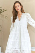 Lace Detail Tiered Eyelet V-Neck Babydoll Dress For Women – Feminine Boho Chic Dress, Fluttering, Elegant Lace & Eyelet Stevvex