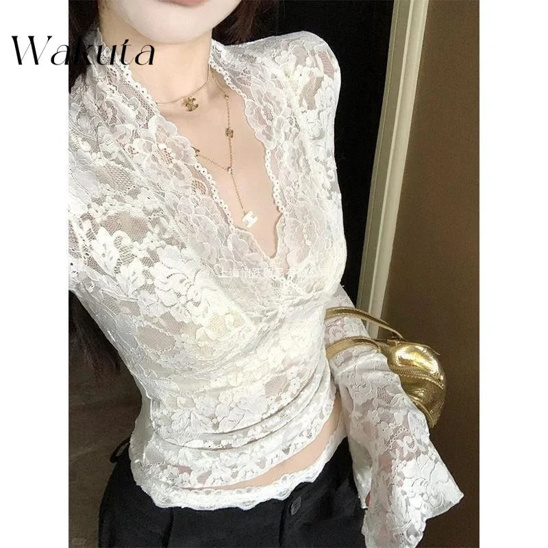 WAKUTA Sexy Lace Shirt V-neck Long-sleeved Outwear Tops Fall Short Tight Design Pure Desire Hottie Inner Pullovers Кофта Женская Purplish Diva