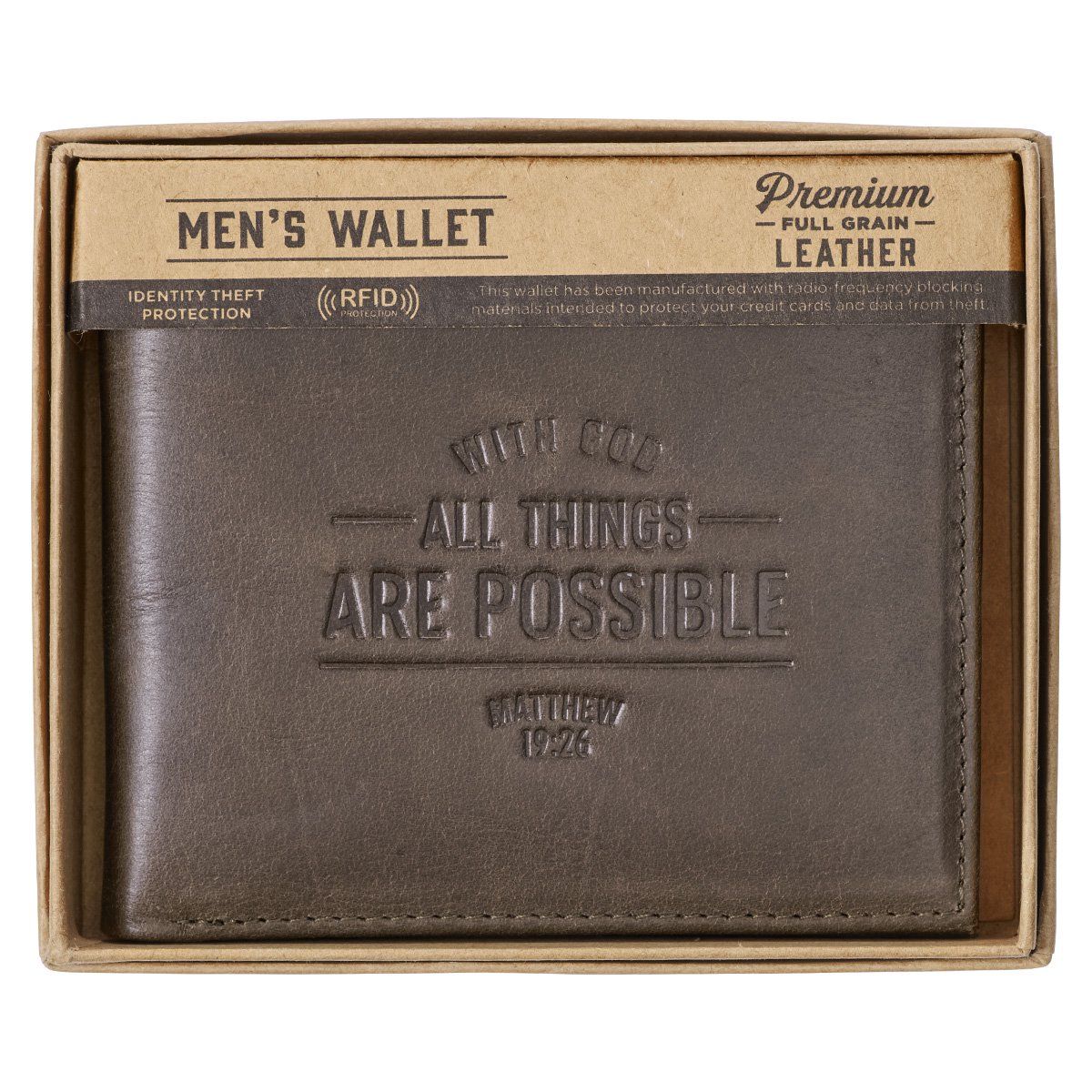 Genuine Leather RFID Wallet for Men With God All Things Are Possible Mathew 19:26 Quality Classic Brown Leather Bifold Wallet Christian Gifts for Men EasyOptionXY LLC