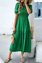 Sail Blue Solid Textured Smocked High Waist Midi Dress