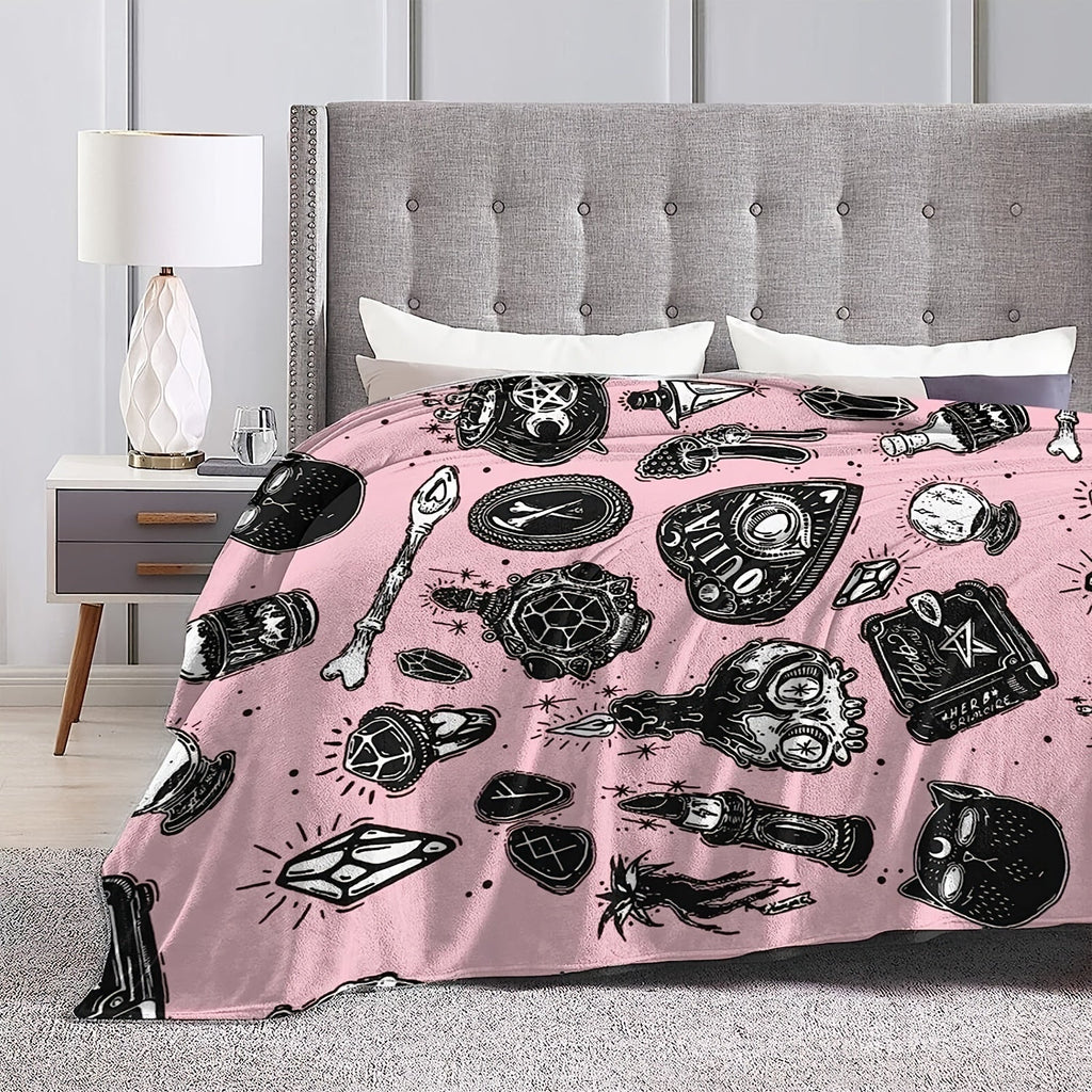 1pc Halloween Element Print Flannel Blanket, Soft Cozy Throw Blanket Nap Blanket For Travel Sofa Bed Office Home Decor, Birthday Halloween Holiday Gift Blanket For Boys Girls Adults, Available All Season