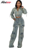 Mlaiscsr Vintage Stretch Denim 2 Piece Pants Sets Women Zip Slim Jackets and Pocket Cargo Jeans Outfit Streetwear Winter Suits Purplish Diva