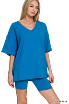 Zenana Cotton V-neck Top & Biker Shorts Set