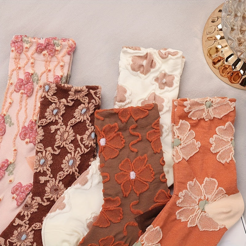 5 Pairs Floral Print Socks, Comfy & Breathable Mid Tube Socks, Women's Stockings & Hosiery Lootquake LLC