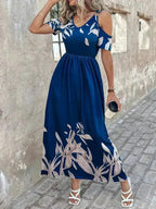 Printed Cold Shoulder Maxi Dress - Stylish Polyester Dress | Femstylo