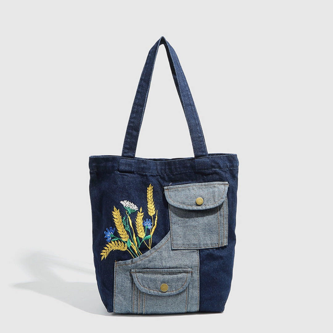 Shoulder denim bag, wheat ear embroidery splicing shoulder bag, vintage tote bag, fashion shopping bag - SJB-DIAMOND ELITES