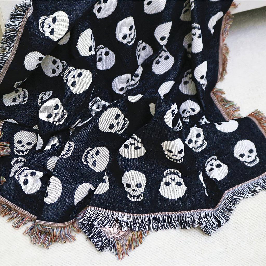 Bohemian Knitted Halloween White Skull Head Printed Tassel Blanket, Suitable For Camping, Casual Picnic Lootquake LLC