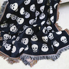Bohemian Knitted Halloween White Skull Head Printed Tassel Blanket, Suitable For Camping, Casual Picnic Lootquake LLC