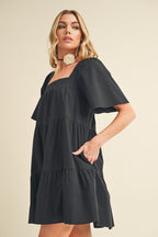Square Neck Half Sleeve Tiered Summer Dress For Women–Elegant & Flattering with Ruched Detail & Chic Tiered Design