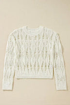 White Crochet Crew Neck Sweater - Loose Fit & High Elasticity | Femstylo