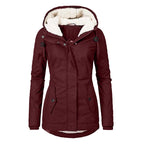 Winter Hooded Jacket Solid Color Warm Buckle Zip-up Fleece Jacket With Pockets Women's Casual Jacket Pi-Mart