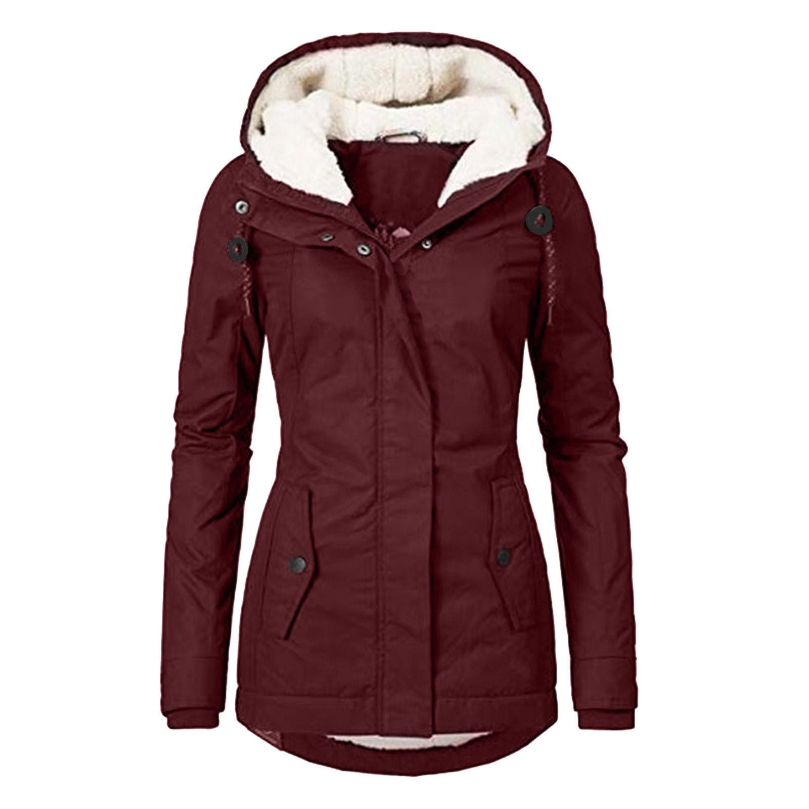 Winter Hooded Jacket Solid Color Warm Buckle Zip-up Fleece Jacket With Pockets Women's Casual Jacket Pi-Mart