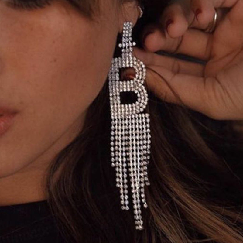 Fashion Jewelry 925 Silver Needle Ornaments Rhinestone Letter B Earrings Banquet Tassel Ear Ornaments Female Pi-Mart