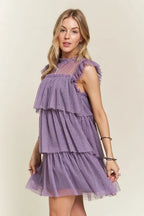 Layered Ruffled Cap Sleeve Mesh Dress For Women – Romantic Mesh Dress with Lace & Ruffled Layers for Elegant Parties & Special Events Stevvex