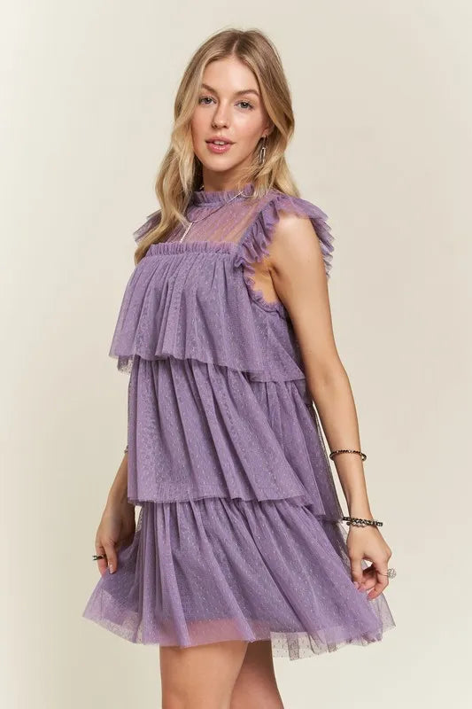 Layered Ruffled Cap Sleeve Mesh Dress For Women – Romantic Mesh Dress with Lace & Ruffled Layers for Elegant Parties & Special Events Stevvex