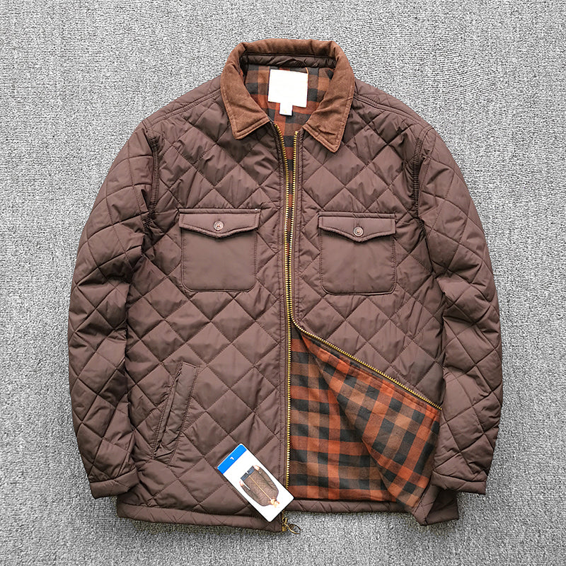 Men's Quilted Diamond Lapel Jacket - Autumn Solid Color Plaid Coat (Navy, Coffee, Military Green)