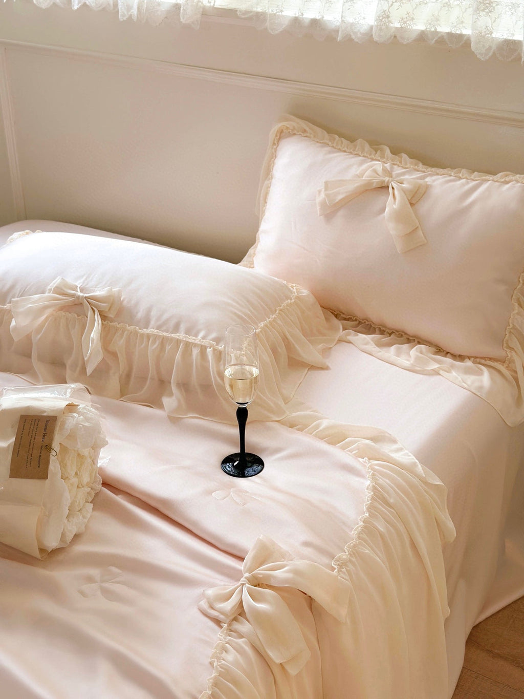 Pure Color Ruffles Princess Style Summer Quilt Tencel Summer Cooling Duvet Airable Cover Four-piece Set Pi-Mart