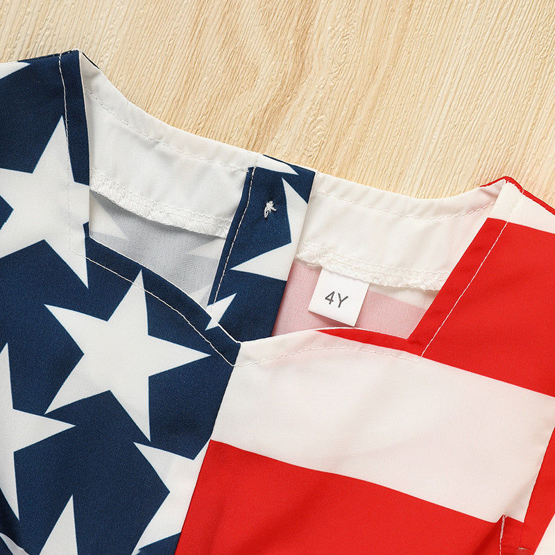 Toddler Girls' Independence Day Dress Red White & Blue Stripes And Stars Short Sleeve Twirl Dress 4th Of July Pi-Mart