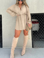 Women's Long Sleeve Jumpsuit With Button Fashion Shirt Dress Pi-Mart