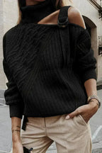 Winter Black Strapped Cut out Shoulder Turtleneck Sweater - SJB-DIAMOND ELITES