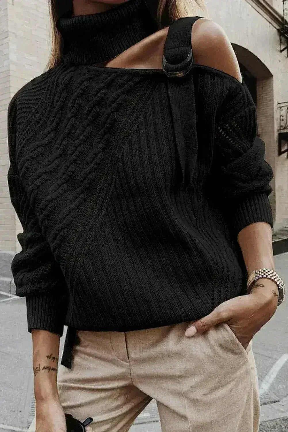 Winter Black Strapped Cut out Shoulder Turtleneck Sweater - SJB-DIAMOND ELITES