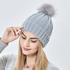 Fashion Stretchy Satin Lined Skull Knit Hats Beanie Hat For Women Faux Fur Pom Pom Hat Winter Keep Warming Beanie Hat Pi-Mart