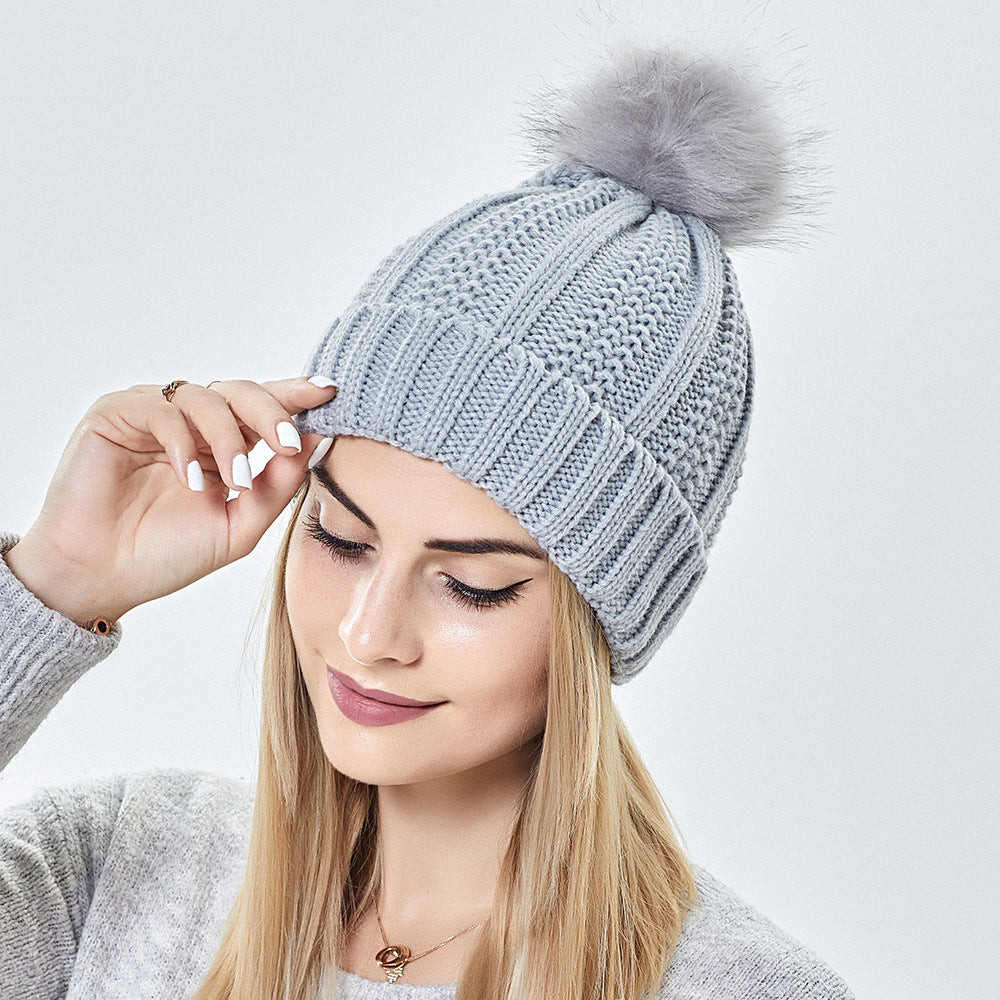 Fashion Stretchy Satin Lined Skull Knit Hats Beanie Hat For Women Faux Fur Pom Pom Hat Winter Keep Warming Beanie Hat Pi-Mart