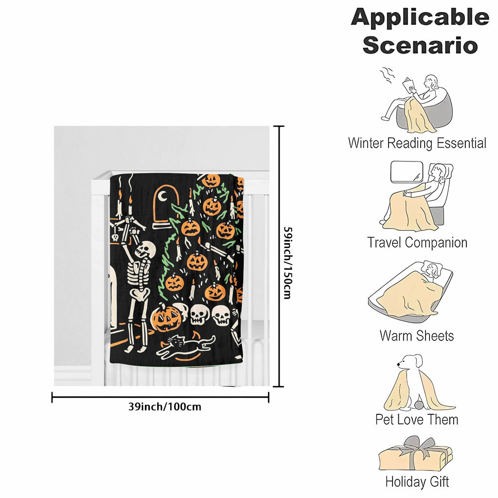 1pc Halloween Blanket Pumpkin Skull Throw Blanket Flannel Fleece Blanket For Women, Men, Fuzzy Plush Lightweight Blanket For Bedroom Couch Sofa Black Lootquake LLC
