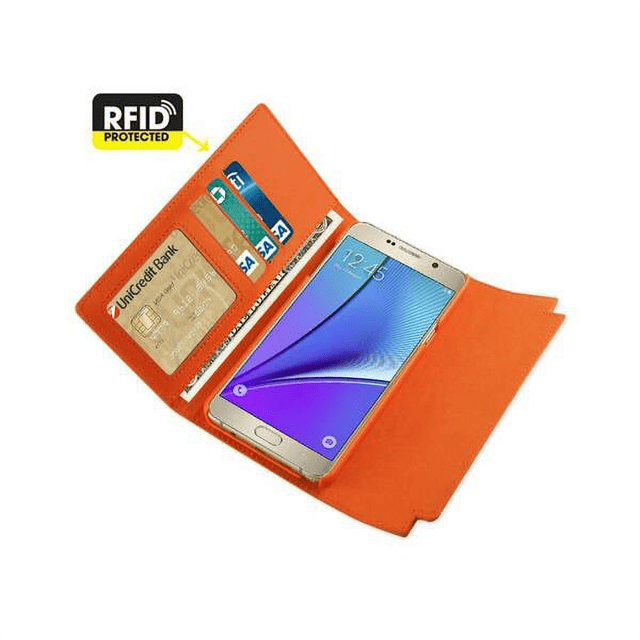 Samsung Galaxy Note 5 Genuine Leather Rfid Wallet Case And Metal Buckle Belt In Tangerine