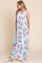 New Floral Round Neck Sleeveless Maxi Dress with Pockets For Women – Elegant Floral Print Dress with Flowing Silhouette and Functional Pockets
