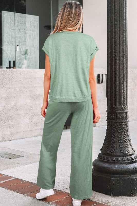 Solid Short Sleeve Tee and Drawstring Pants Set THRIXINE