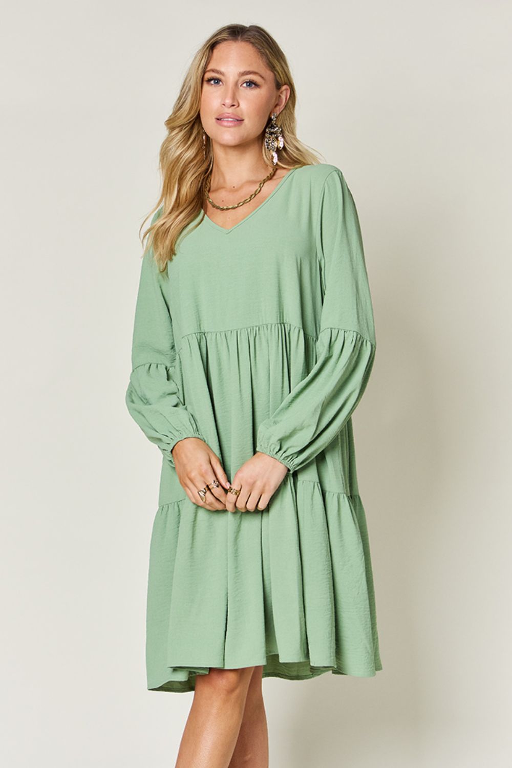 Light Green Double Take Full Size V-Neck Sleeve Tiered Dress with Pockets Elegant & Comfortable Casual Dress Stevvex