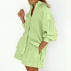 Women's Graceful And Fashionable Striped Puff Sleeve Shorts Suit Pi-Mart