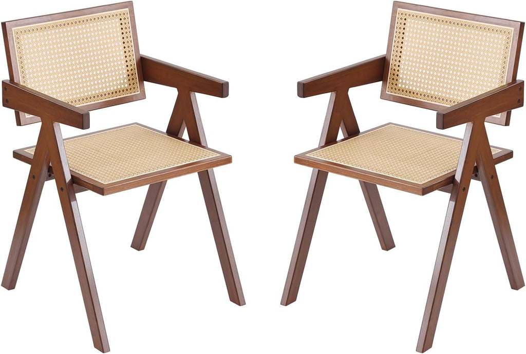 Rattan Dining Chairs Set of 2, Mid Century Modern Armchairs, Wooden Kitchen Chairs for Dining Room, Living Room, Walnut