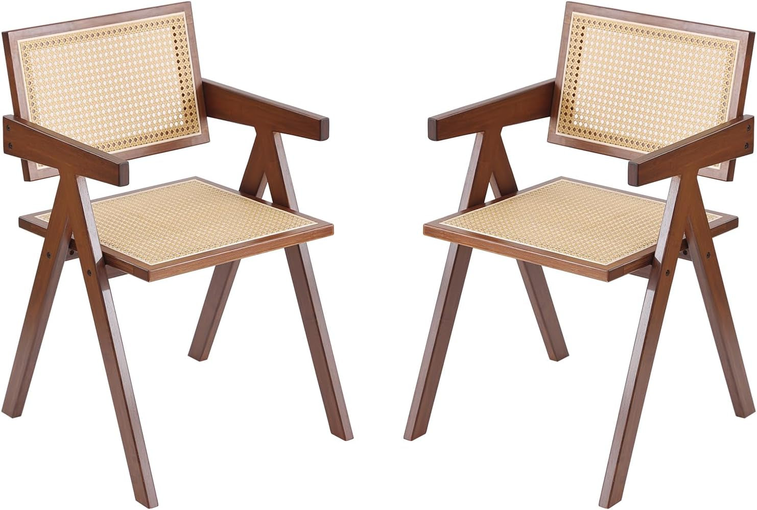 Rattan Dining Chairs Set of 2, Mid Century Modern Armchairs, Wooden Kitchen Chairs for Dining Room, Living Room, Walnut