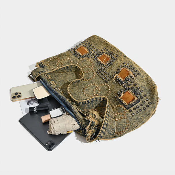 Large capacity hobo shoulder tote bag, retro denim bag, stylish crossbody bag, rivet design shoulder bag - SJB-DIAMOND ELITES
