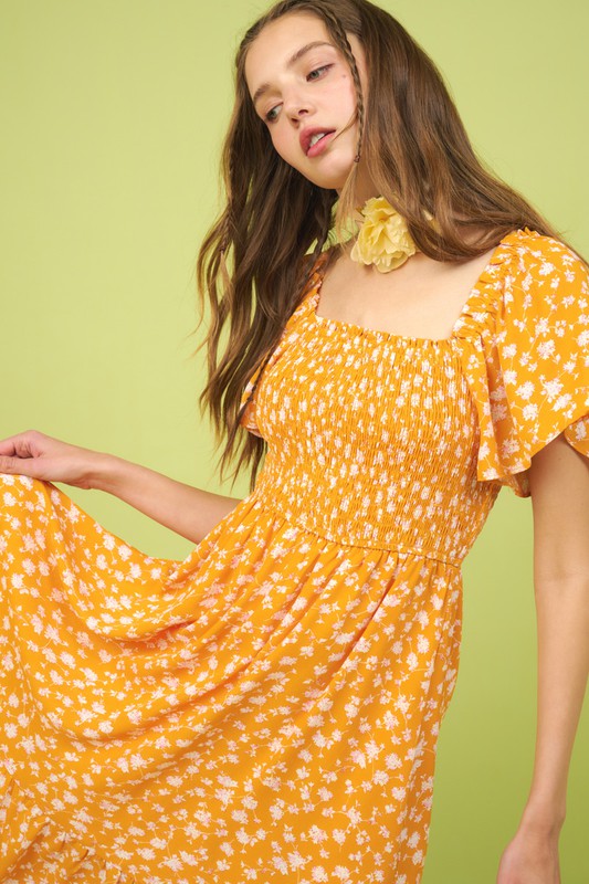New Summer Flower Print Flutter Sleeve Smocked Midi Dress For Women – Fluttering, Trendy, Romantic and Feminine Style Stevvex