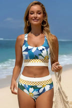 Green Floral Print Racerback High Waist Bikini Swimwear