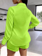 Fashion Two Piece Outfits Women's Turn-down Collar Pocket Design Button Shirt Top & Shorts Set New Summer Women Solid 2pcs Sets Purplish Diva