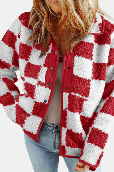 Elegant Checkered Snap Down Long Sleeve Teddy Jacket Soft & Warm Colorful Jacket Stevvex