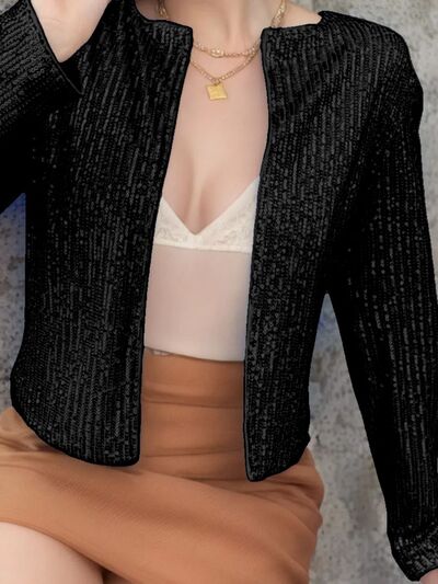 Elegant Women Full-Size Sequin Open Front Cropped Jacket With Glamorous Sparkle Luxury Women Party Jacket Stevvex
