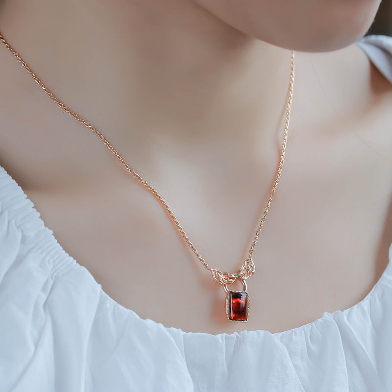 Amber Leaf Carving S925 Sterling Silver Gold-plated Pendant Female Pi-Mart