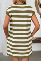 Simple Contrast Striped Round Neck Short Sleeve Mini Dress Casual & Comfortable Everyday Dress for Women Stevvex
