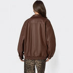 Women's Leather Jacket Loose Long Sleeve Lapel Motorcycle Jacket Pi-Mart