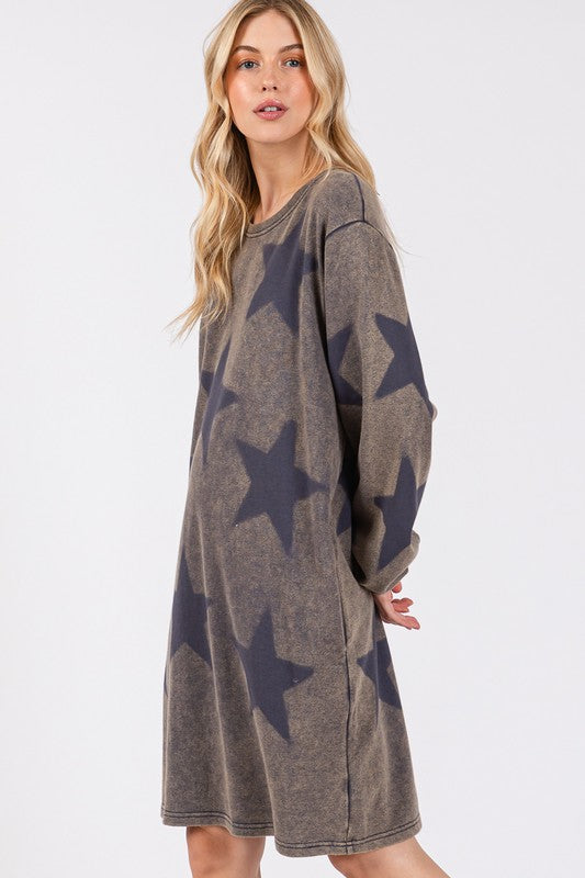 Modern Star Print Round Neck Dress Casual And Trendy Women’s Comfortable Soft Dress Stevvex